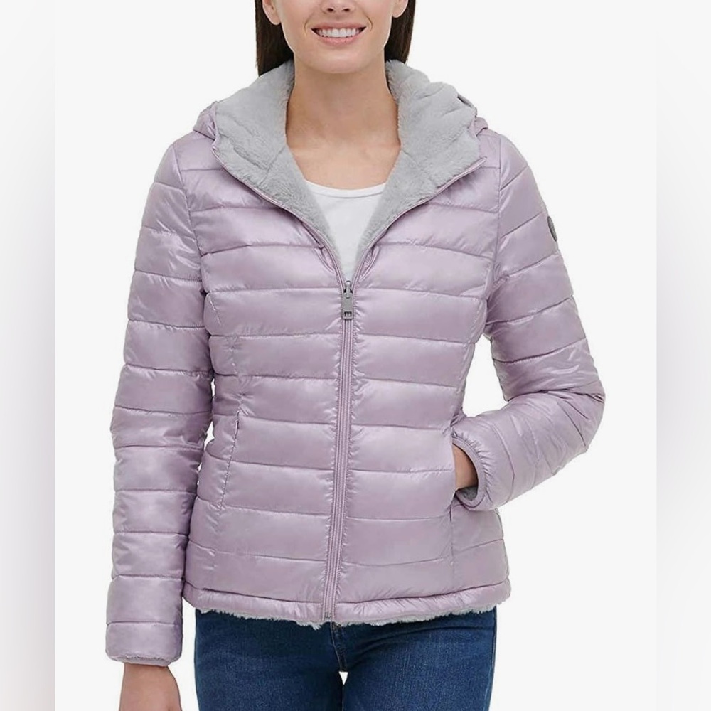 Andrew Marc Ultra Soft Attached Hood Reversible Puffer Jacket Shiny Lavender XL‎